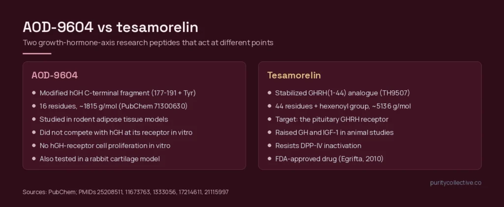 Side-by-side comparison of AOD-9604, a modified growth hormone fragment, and tesamorelin, a stabilized GHRH analogue