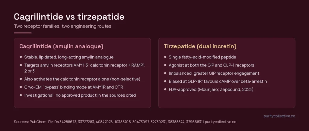 Side-by-side comparison of cagrilintide, a lipidated amylin analogue acting at amylin and calcitonin receptors, and tirzepatide, a dual GIP and GLP-1 receptor agonist