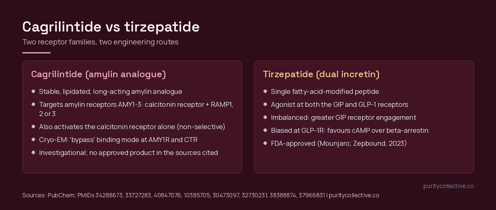 Side-by-side comparison of cagrilintide, a lipidated amylin analogue acting at amylin and calcitonin receptors, and tirzepatide, a dual GIP and GLP-1 receptor agonist