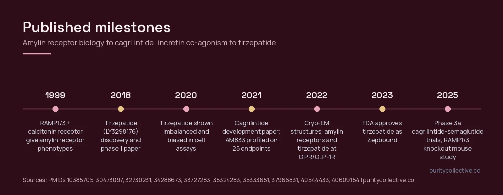 Timeline of published research on amylin receptors, cagrilintide and tirzepatide from 1999 to 2025