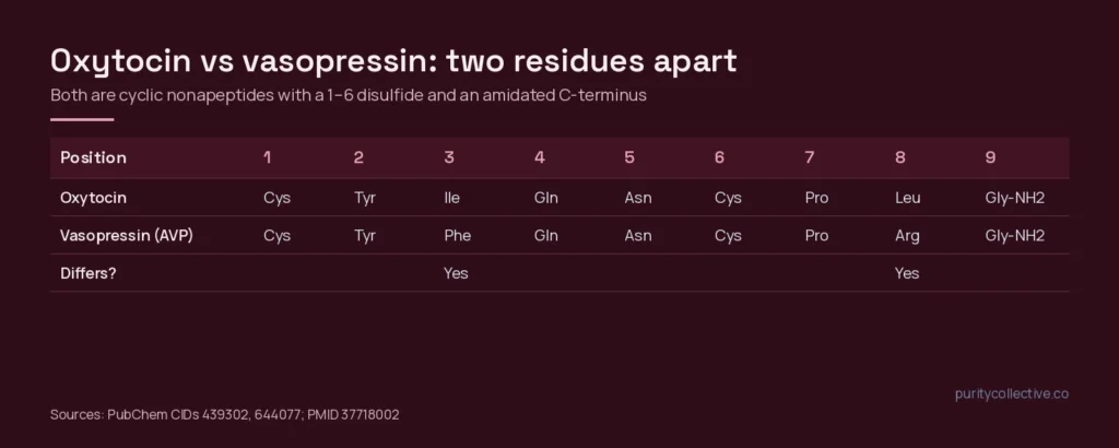 Sequence alignment of oxytocin and arginine vasopressin showing two cyclic nonapeptides that differ only at position 3 (isoleucine vs phenylalanine) and position 8 (leucine vs arginine)
