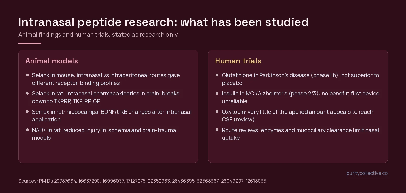 Summary of intranasal peptide research in animal models and human trials, including null results